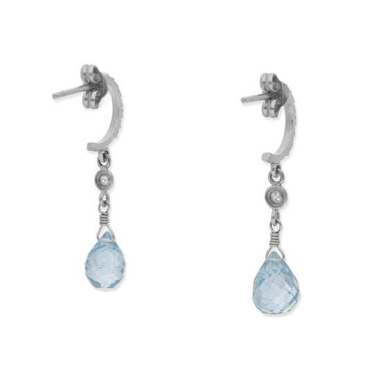 Pendientes Diletto en Oro Blanco 18K con Topacio Azul Facetado y Medio Aro de Diamantes