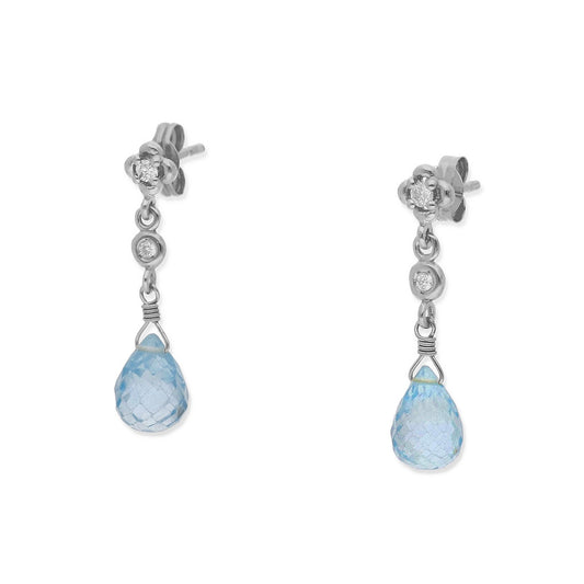 Pendientes Lunaria en Oro Blanco 18K con Diamantes en Flor y Topacios Azules Facetados