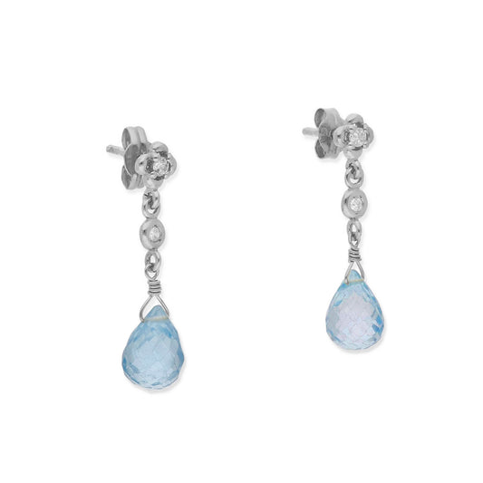 Pendientes Lunaria en Oro Blanco 18K con Diamantes en Flor y Topacios Azules Facetados