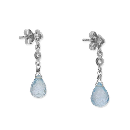 Pendientes Lunaria en Oro Blanco 18K con Diamantes en Flor y Topacios Azules Facetados