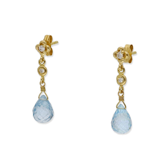 Pendientes Lunaria en Oro 18K con Diamantes en Flor y Topacios Azules Facetados