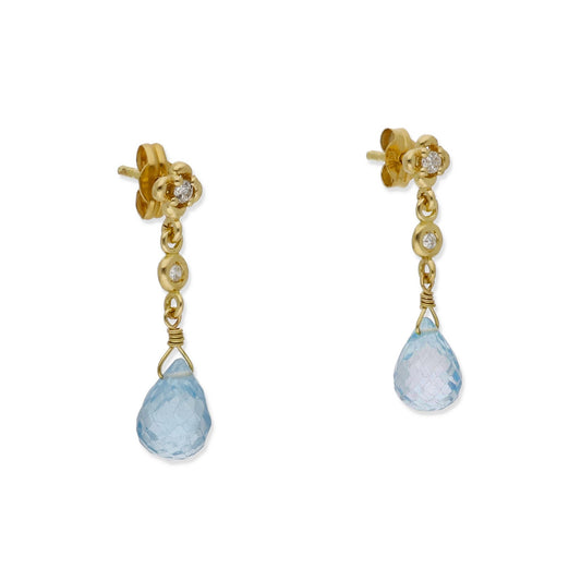 Pendientes Lunaria en Oro 18K con Diamantes en Flor y Topacios Azules Facetados