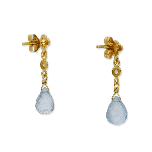 Pendientes Lunaria en Oro 18K con Diamantes en Flor y Topacios Azules Facetados