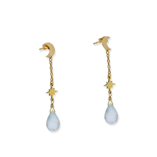 Pendientes Sera con Luna y Estrella en Oro de Ley 18K y Topacio Azul Facetado
