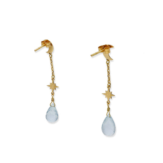 Pendientes Sera con Luna y Estrella en Oro de Ley 18K y Topacio Azul Facetado