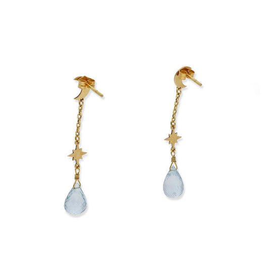 Pendientes Sera con Luna y Estrella en Oro de Ley 18K y Topacio Azul Facetado