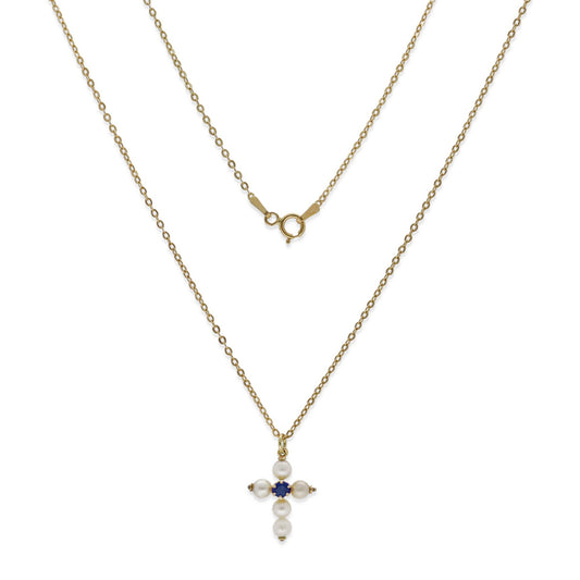 Collar con Colgante "Mi Primera Comunión" en Oro 18k con Perlas y Zafiro Diseño de Cruz