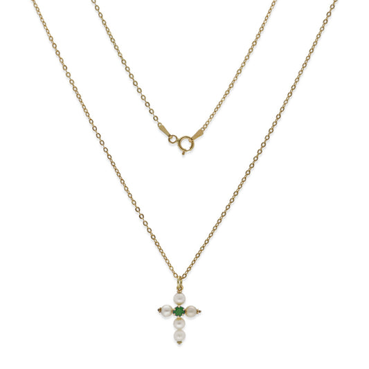 Collar con Colgante "Mi Primera Comunión" en Oro 18k con Perlas y Esmeralda Diseño de Cruz