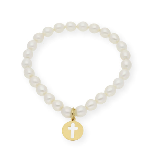 Pulsera de Comunión en Plata de Ley 925 y Perlas con Dije de Cruz