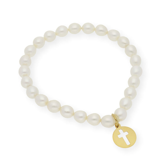 Pulsera de Comunión en Plata de Ley 925 y Perlas con Dije de Cruz