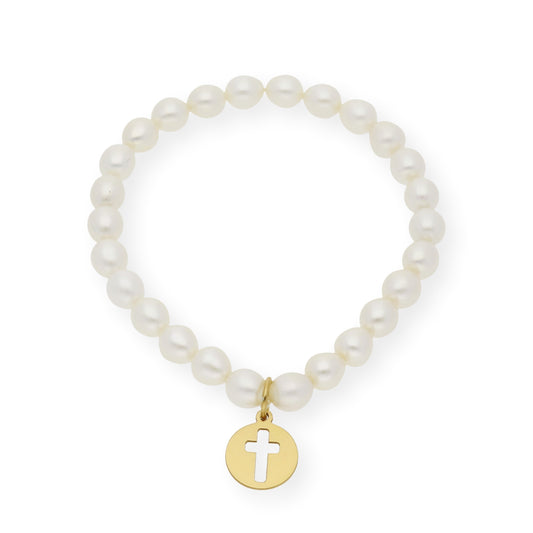 Pulsera de Comunión en Plata de Ley 925 y Perlas con Dije de Cruz