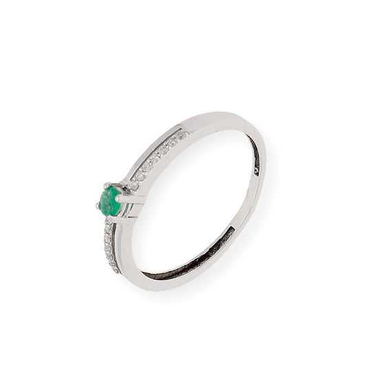 Anillo Corona en Oro Blanco 18K con Diamantes y Esmeralda