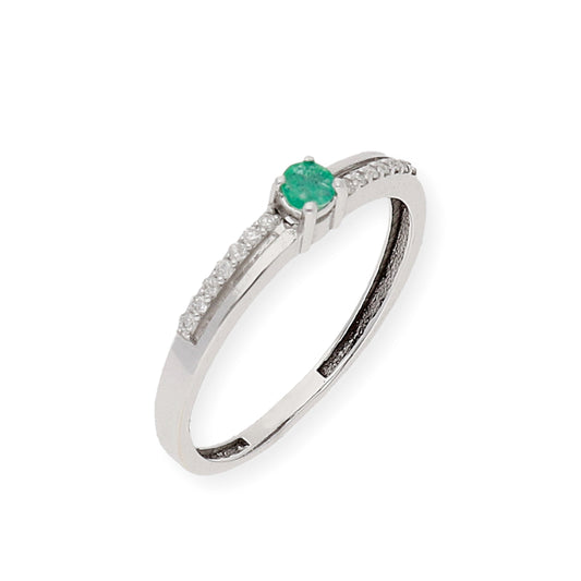 Anillo Corona en Oro Blanco 18K con Diamantes y Esmeralda