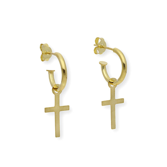 Pendientes de Aro con Cruz en Plata de Ley 925 Bañada en Oro 18K
