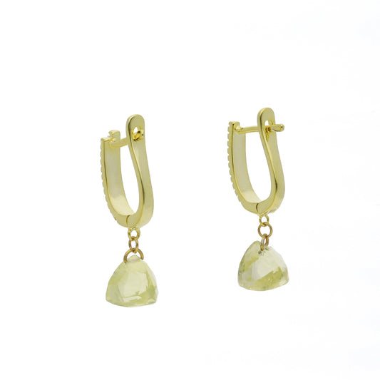 Pendientes de Medio Aro en Plata de Ley 925 Bañado en Oro 18K con Circonitas y Cuarzo Citrino