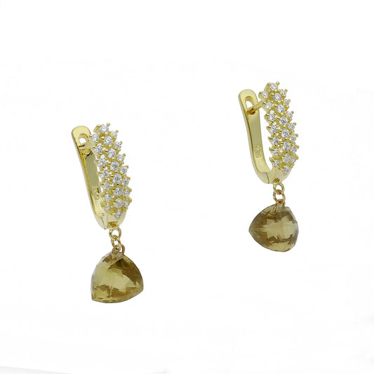 Pendientes de Medio Aro en Plata de Ley 925 Bañado en Oro 18K con Circonitas y Cuarzo Fumé