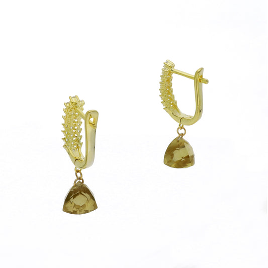 Pendientes de Medio Aro en Plata de Ley 925 Bañado en Oro 18K con Circonitas y Cuarzo Fumé