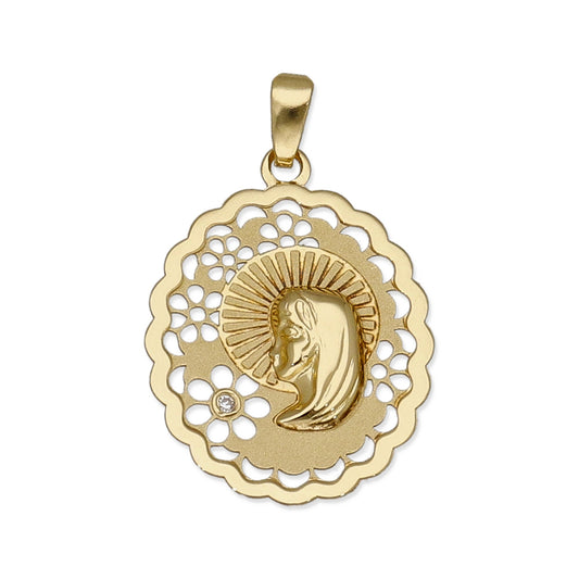 Medalla Virgen Niña Oval en Oro 18K con Circonita y Margaritas Caladas