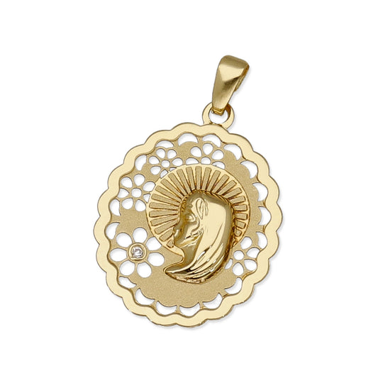 Medalla Virgen Niña Oval en Oro 18K con Circonita y Margaritas Caladas