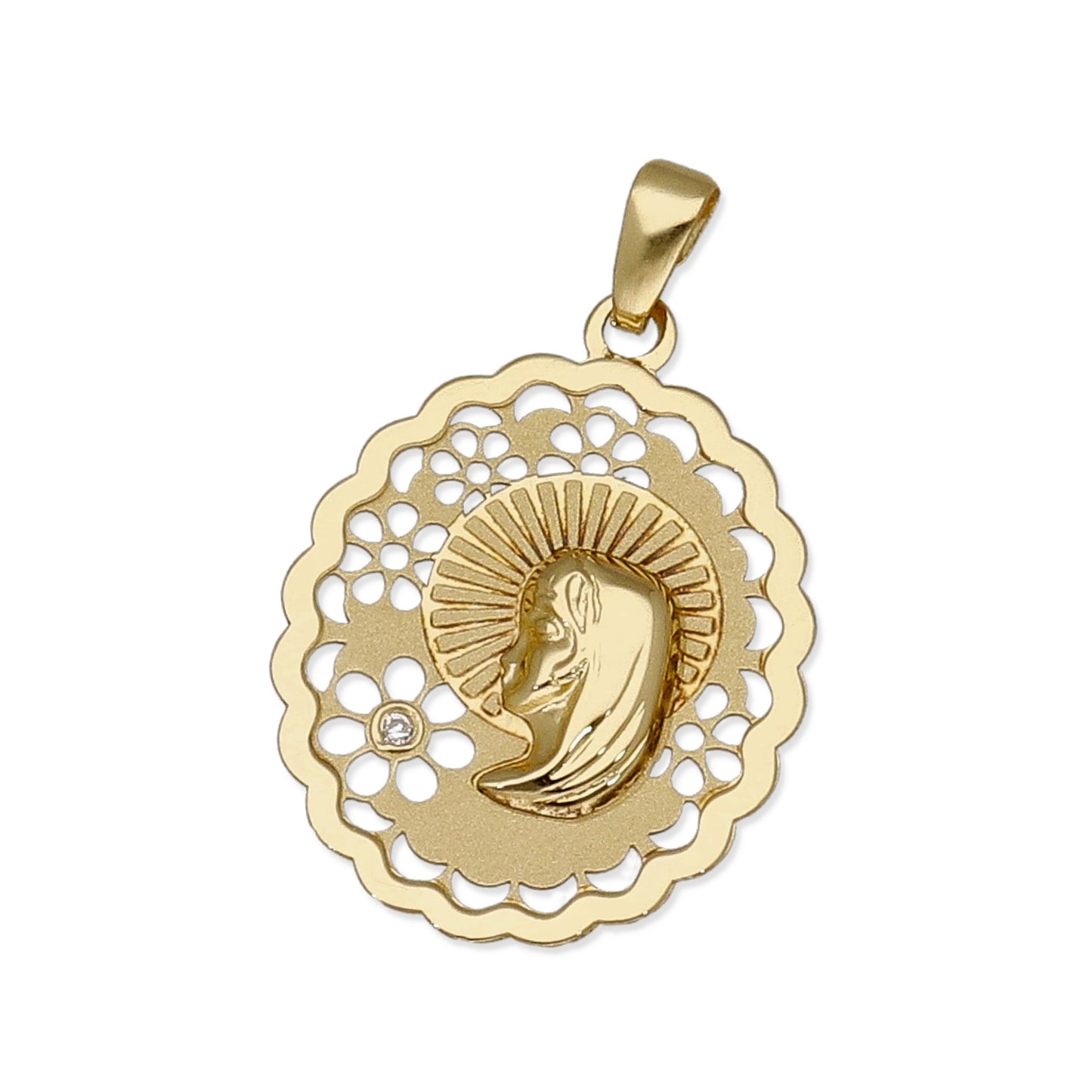 Medalla Virgen Niña Oval en Oro 18K con Circonita y Margaritas Caladas