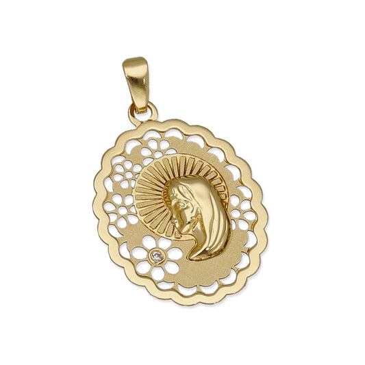 Medalla Virgen Niña Oval en Oro 18K con Circonita y Margaritas Caladas