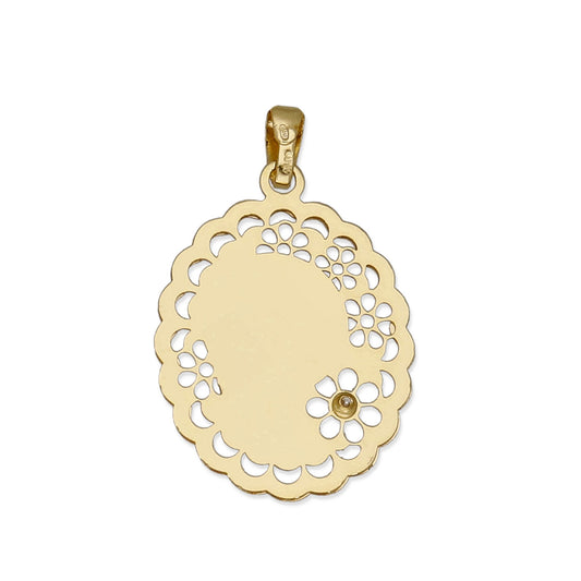 Medalla Virgen Niña Oval en Oro 18K con Circonita y Margaritas Caladas