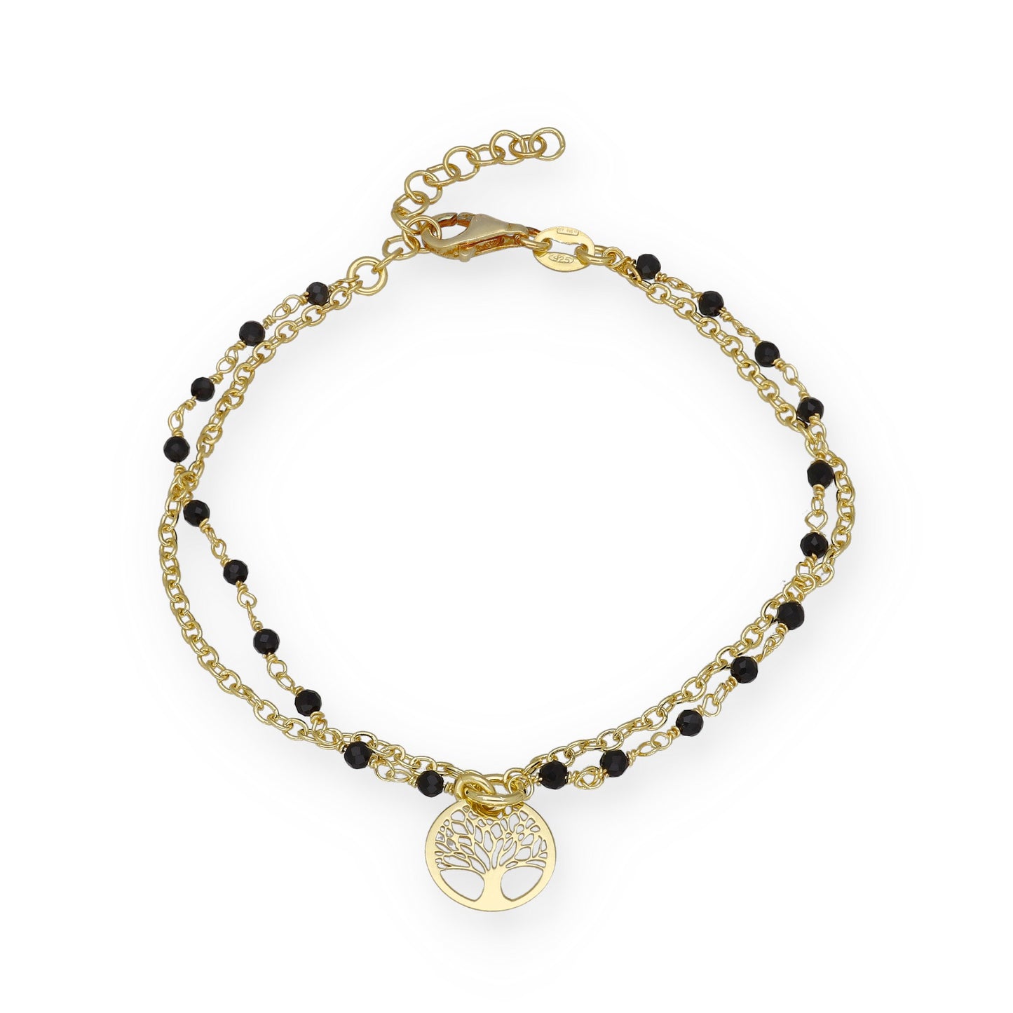 Pulsera Doble Cadena con Árbol de la Vida en Plata Bañada en Oro 18K y Gemas Negras