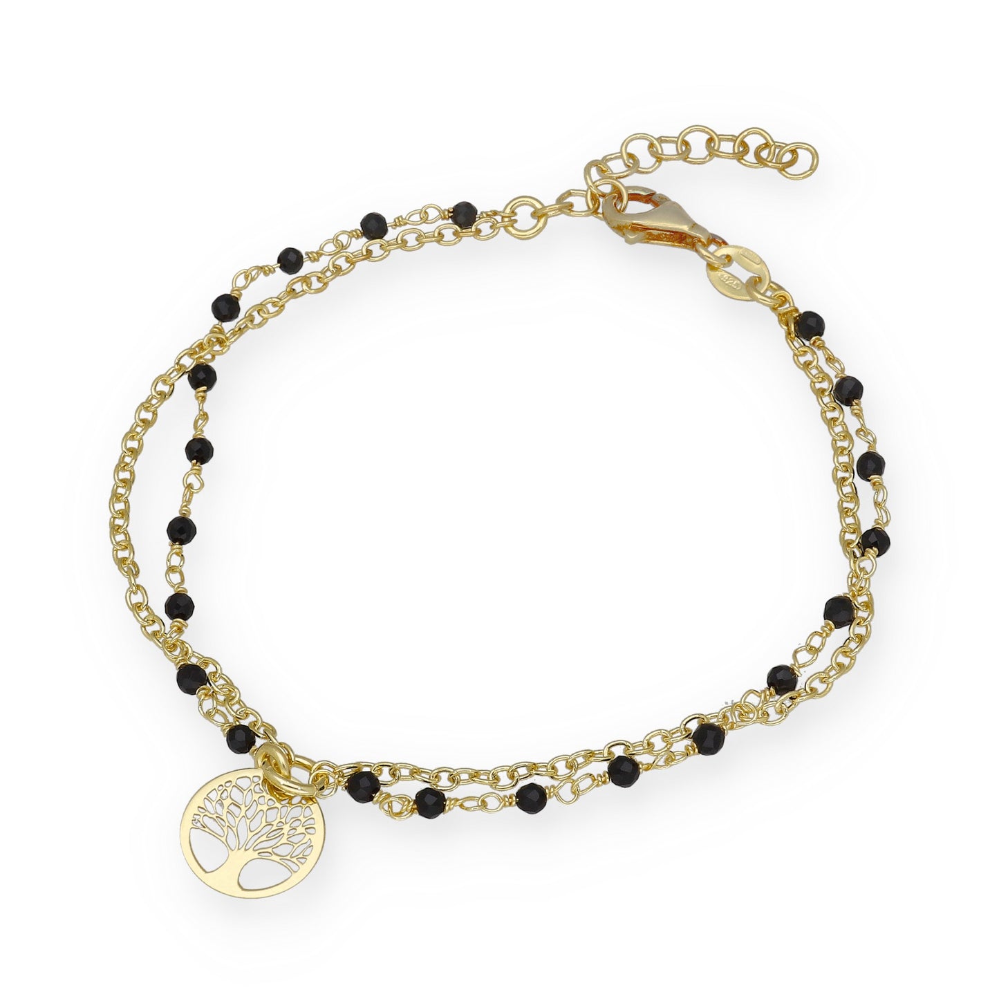 Pulsera Doble Cadena con Árbol de la Vida en Plata Bañada en Oro 18K y Gemas Negras