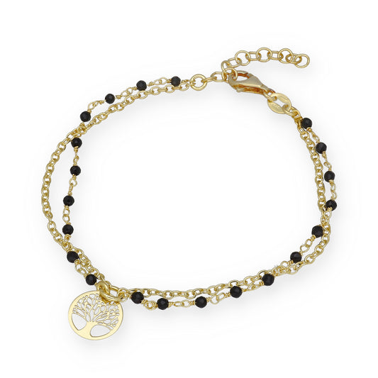 Pulsera Doble Cadena con Árbol de la Vida en Plata Bañada en Oro 18K y Gemas Negras