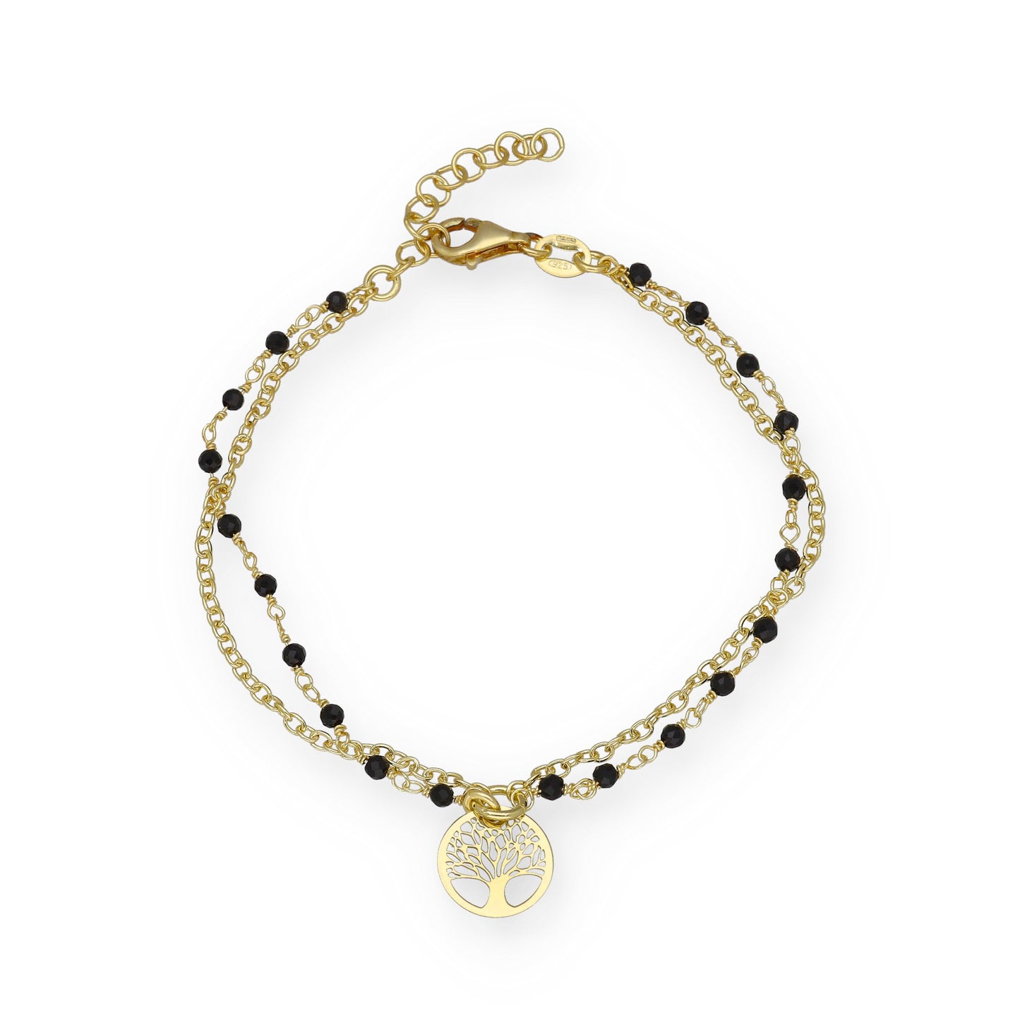 Pulsera Doble Cadena con Árbol de la Vida en Plata Bañada en Oro 18K y Gemas Negras