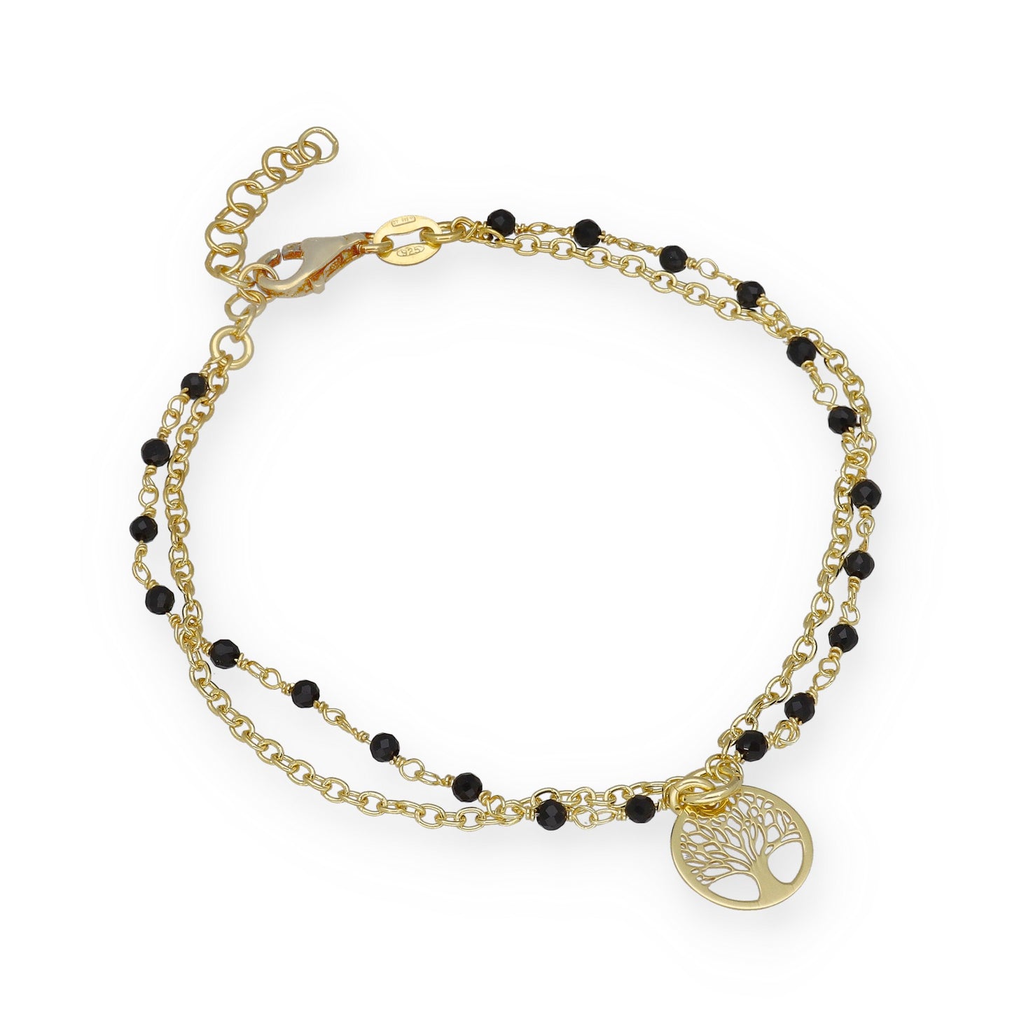 Pulsera Doble Cadena con Árbol de la Vida en Plata Bañada en Oro 18K y Gemas Negras