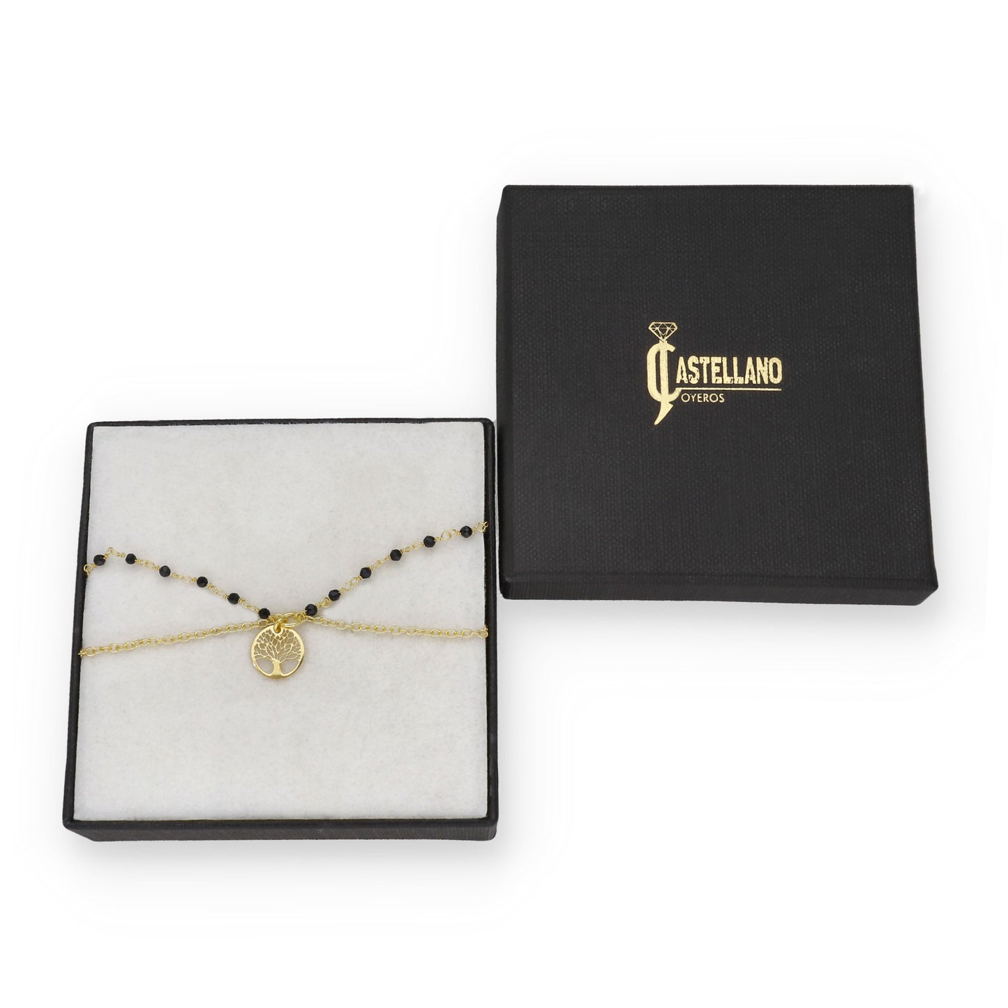 Pulsera Doble Cadena con Árbol de la Vida en Plata Bañada en Oro 18K y Gemas Negras
