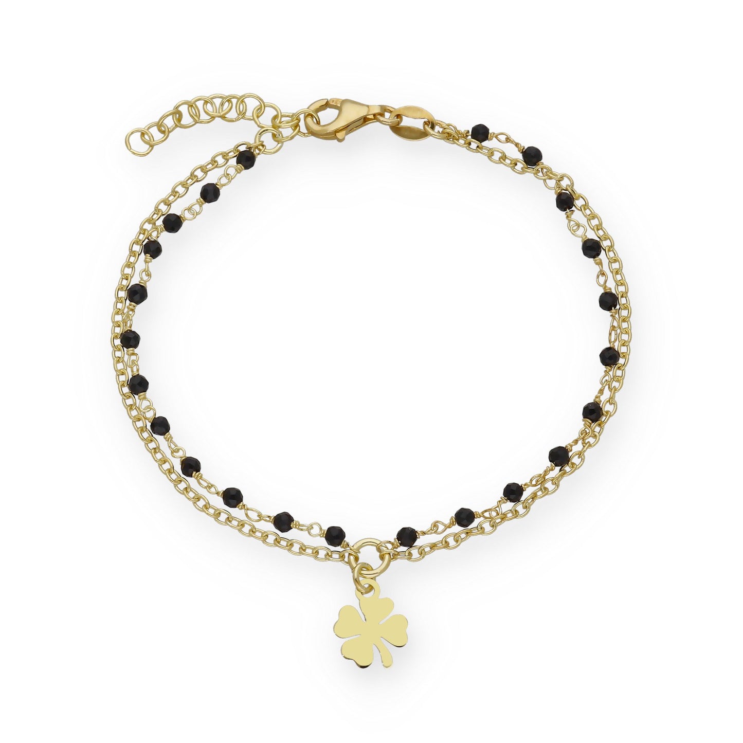 Pulsera Doble Cadena con Trébol en Plata Bañada en Oro 18K y Gemas Negras