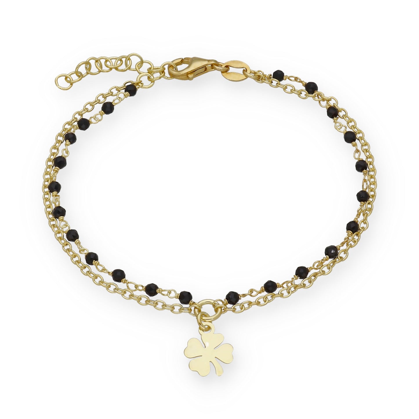 Pulsera Doble Cadena con Trébol en Plata Bañada en Oro 18K y Gemas Negras