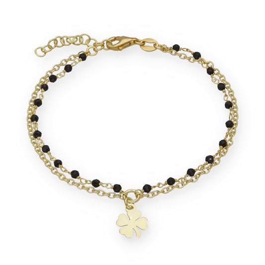 Pulsera Doble Cadena con Trébol en Plata Bañada en Oro 18K y Gemas Negras