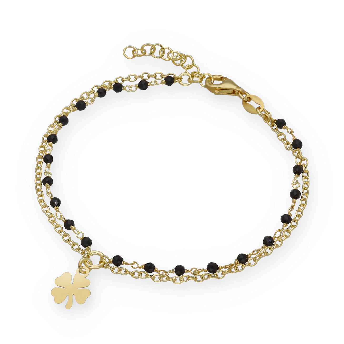 Pulsera Doble Cadena con Trébol en Plata Bañada en Oro 18K y Gemas Negras