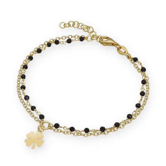 Pulsera Doble Cadena con Trébol en Plata Bañada en Oro 18K y Gemas Negras