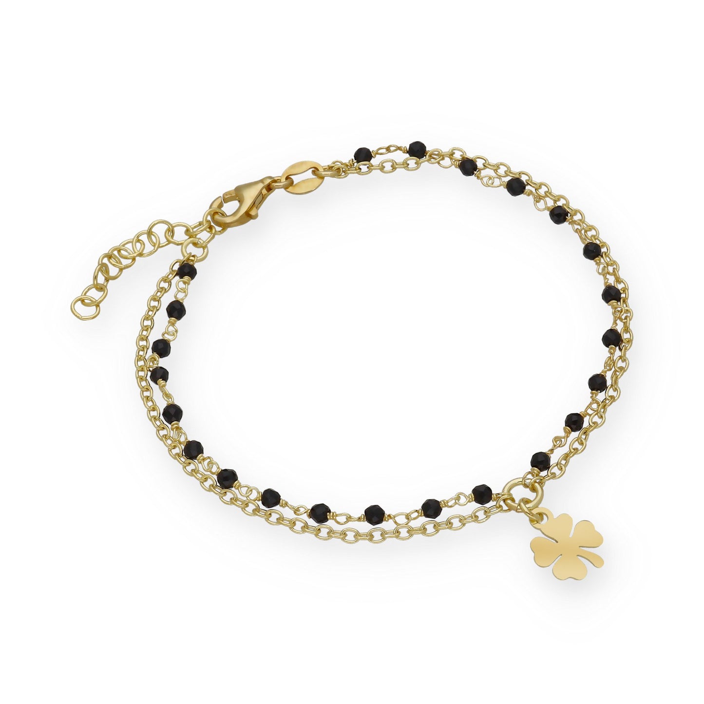 Pulsera Doble Cadena con Trébol en Plata Bañada en Oro 18K y Gemas Negras