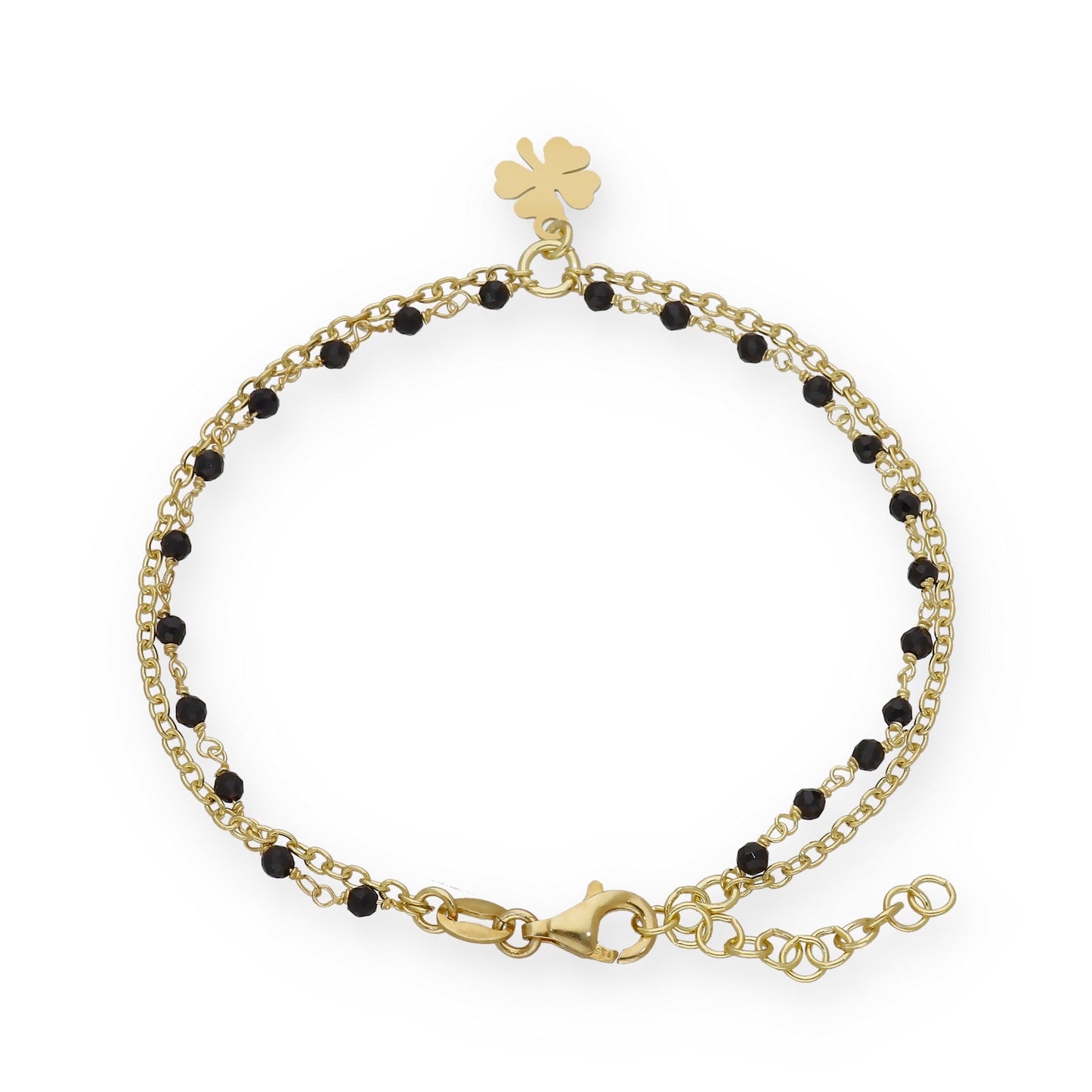 Pulsera Doble Cadena con Trébol en Plata Bañada en Oro 18K y Gemas Negras