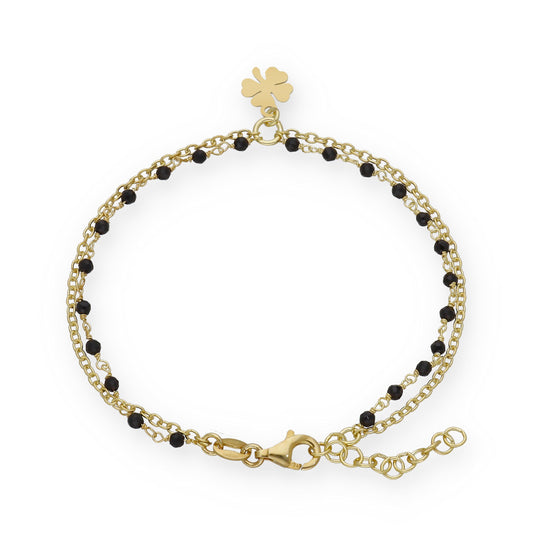 Pulsera Doble Cadena con Trébol en Plata Bañada en Oro 18K y Gemas Negras