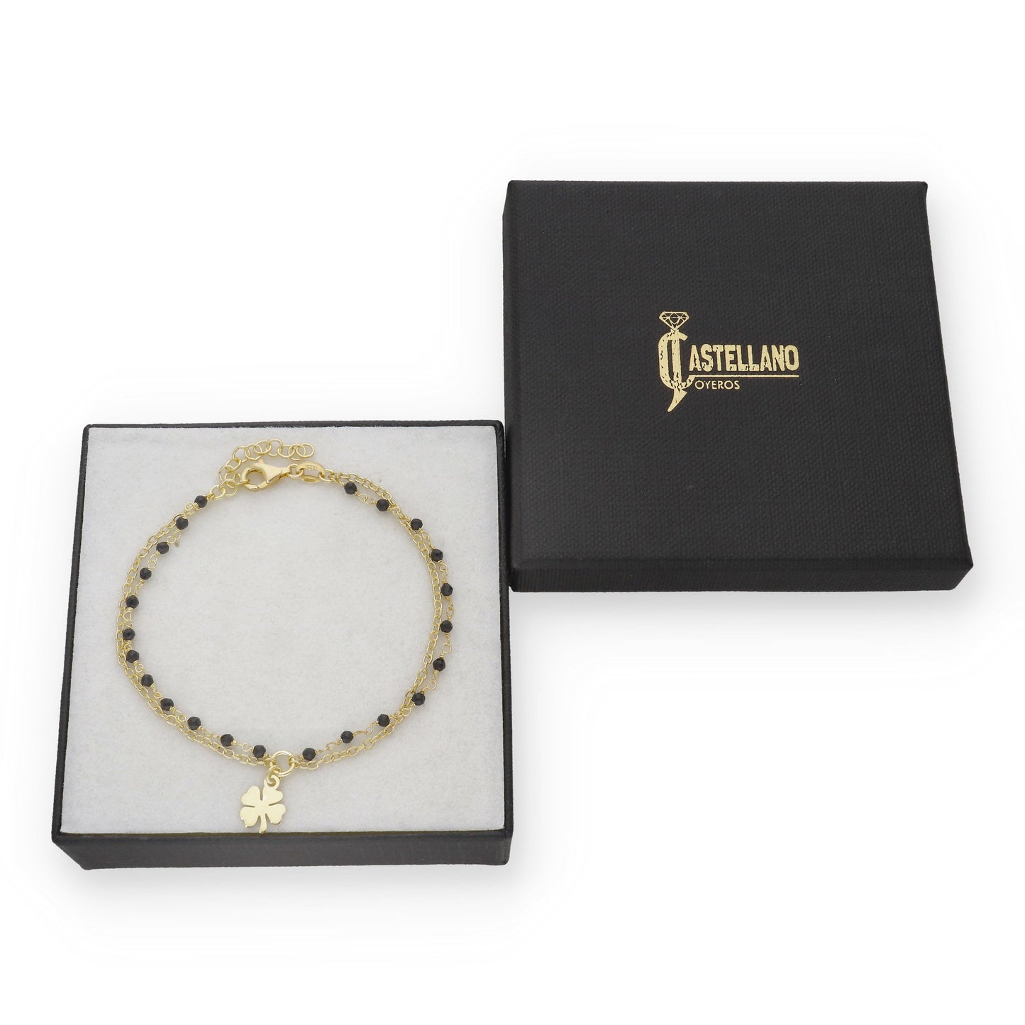 Pulsera Doble Cadena con Trébol en Plata Bañada en Oro 18K y Gemas Negras