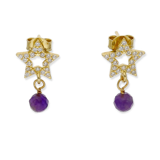 Pendientes Studd Plata 925 con Baño de Oro 18k Amatista y Circonita