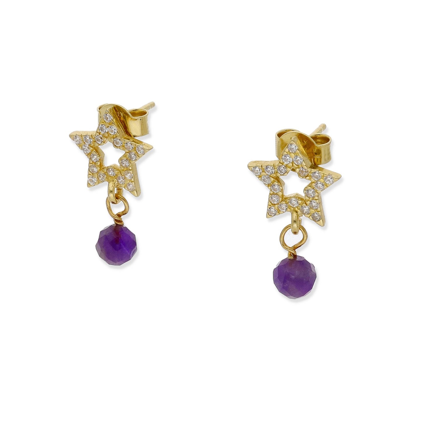 Pendientes Studd Plata 925 con Baño de Oro 18k Amatista y Circonita