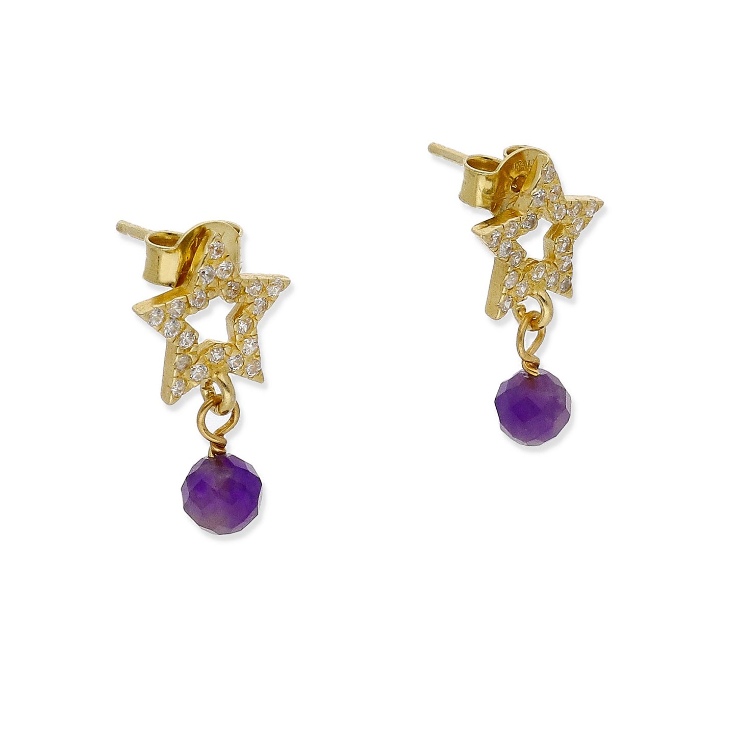 Pendientes Studd Plata 925 con Baño de Oro 18k Amatista y Circonita