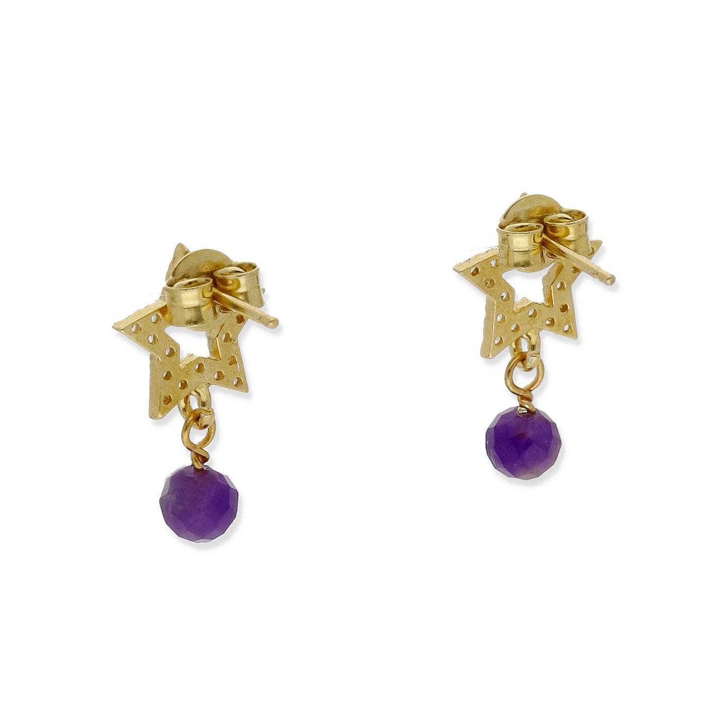 Pendientes Studd Plata 925 con Baño de Oro 18k Amatista y Circonita