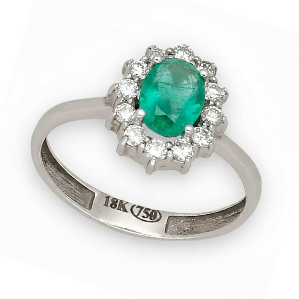 Anillo Lady Di Oro Blanco 18k con Esmeralda Central y Diamantes