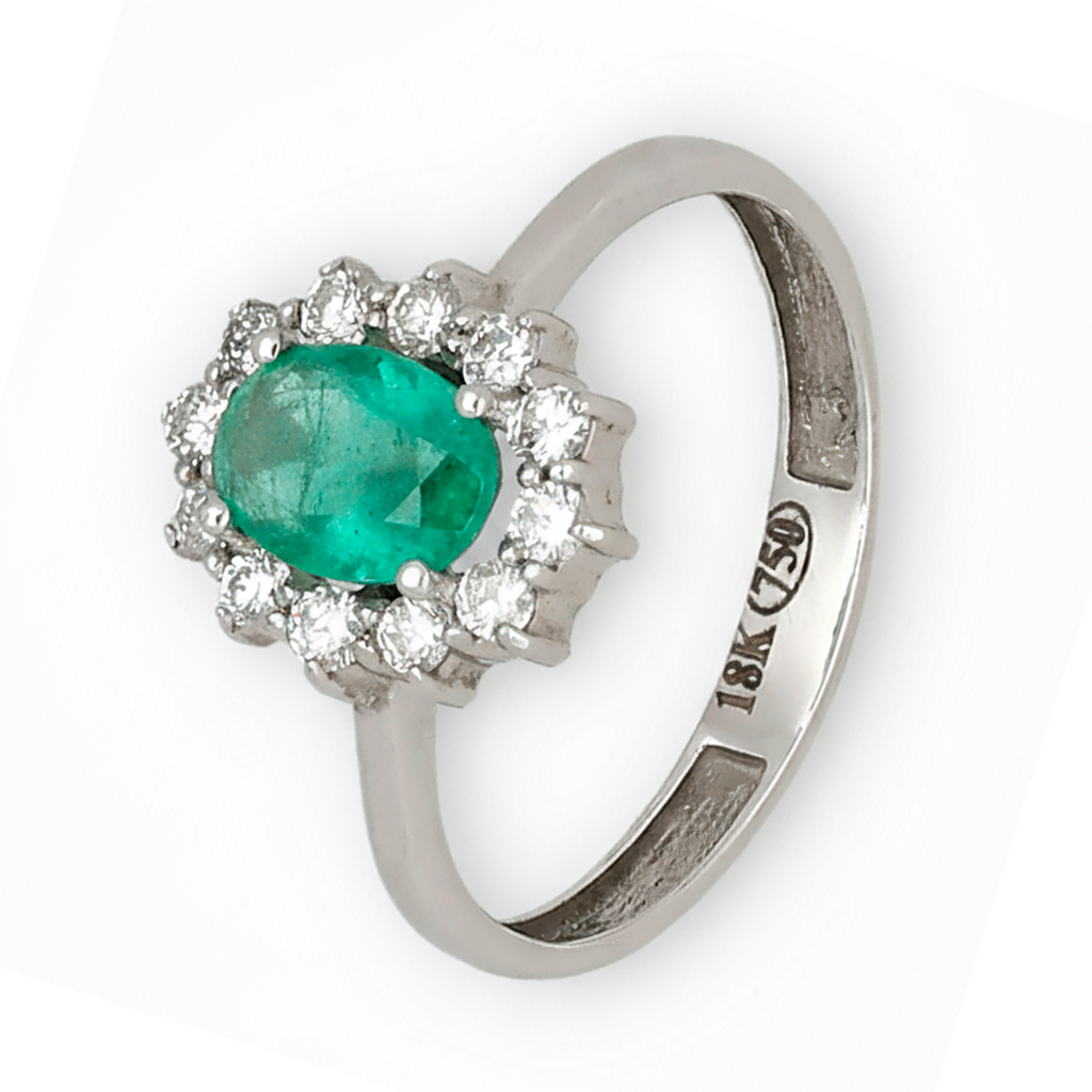 Anillo Lady Di Oro Blanco 18k con Esmeralda Central y Diamantes