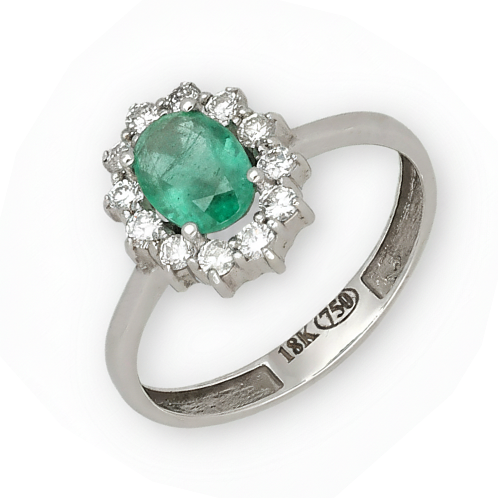 Anillo Lady Di Oro Blanco 18k con Esmeralda Central y Diamantes