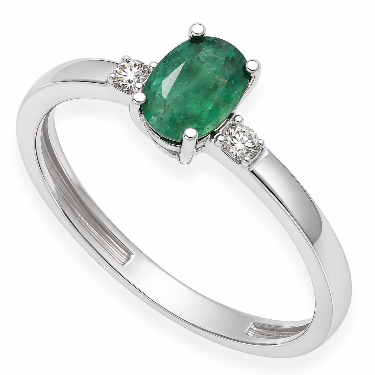Anillo Victoria en Oro Blanco 18k con Diamantes y Esmeralda
