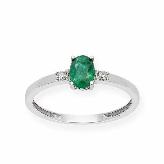 Anillo Victoria en Oro Blanco 18k con Diamantes y Esmeralda